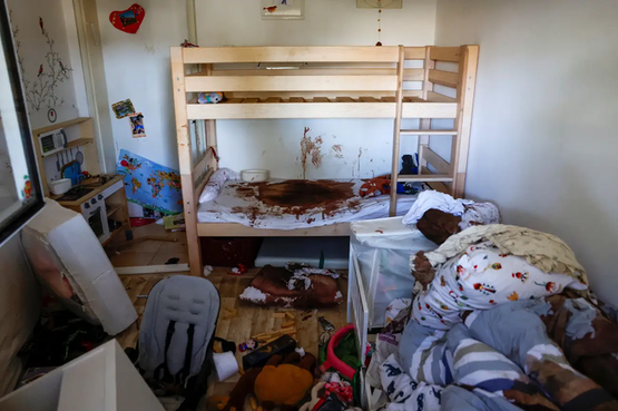 A bloodstained bunk bed in a child's room at a home at Kibbutz Nir Oz. EVELYN HOCKSTEIN:REUTERS 