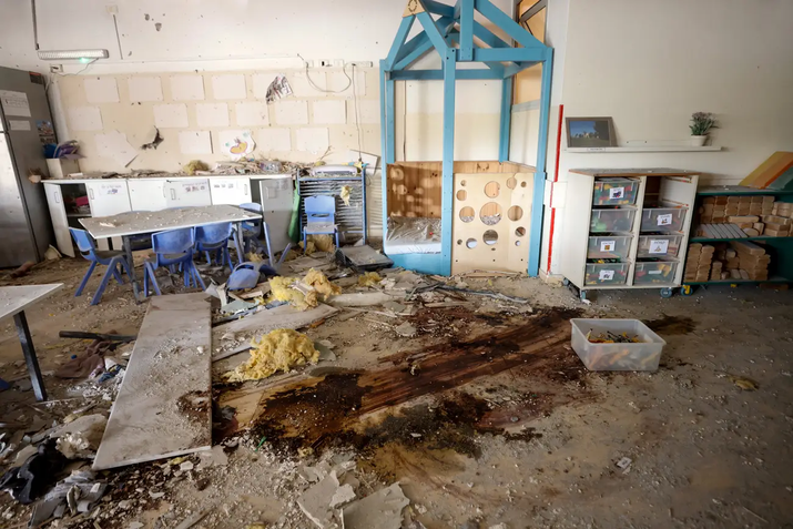 A kindergarten is left bloodied and damaged after the October 7 attacks by Hamas gunmen in Kibbutz Beeri. AMIR COHEN:REUTERS