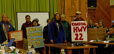 Michelle Easterly addresses BC Ferries meeting on Denman Island in 2015 -Will Thomas photo